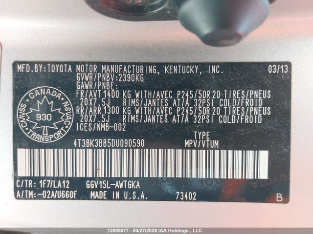 2013 Toyota Venza Base V6 მანქანა იყიდება აუქციონზე, vin: 4T3BK3BB5DU090590, აუქციონის ნომერი: 12598577
