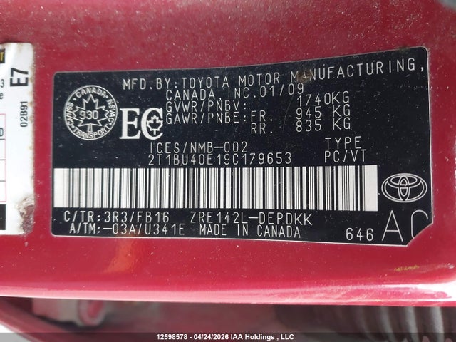 2009 Toyota Corolla Ce მანქანა იყიდება აუქციონზე, vin: 2T1BU40E19C179653, აუქციონის ნომერი: 12598578