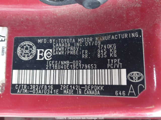 2009 Toyota Corolla Ce მანქანა იყიდება აუქციონზე, vin: 2T1BU40E19C179653, აუქციონის ნომერი: 12598578
