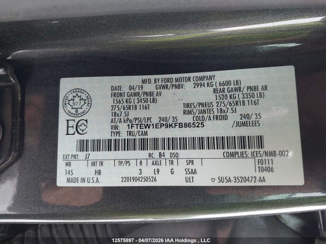 Продажа на аукционе авто 2019 Ford F-150 Lariat, vin: 1FTEW1EP9KFB86525, номер лота: 12575897