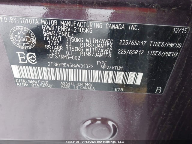 2016 Toyota Rav4 Xle მანქანა იყიდება აუქციონზე, vin: 2T3RFREV5GW431373, აუქციონის ნომერი: 12453190