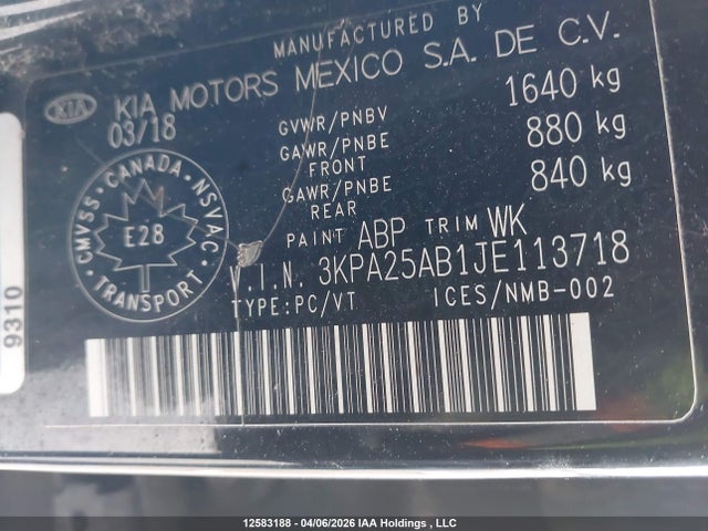 3KPA25AB1JE113718 KIA Rio Lx/lx+