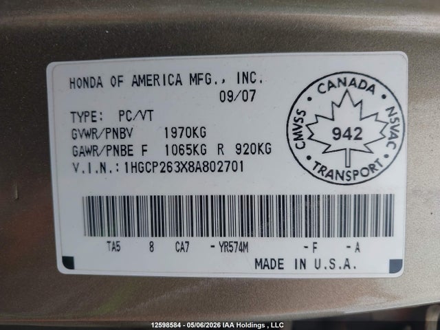 Продажа на аукционе авто 2008 Honda Accord Lx, vin: 1HGCP263X8A802701, номер лота: 12598584