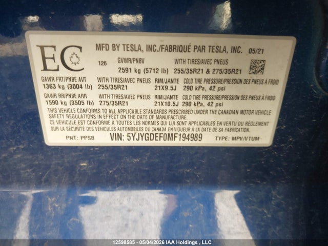 Продаж на аукціоні авто 2021 Tesla Model Y Performance, vin: 5YJYGDEF0MF194989, номер лоту: 12598585
