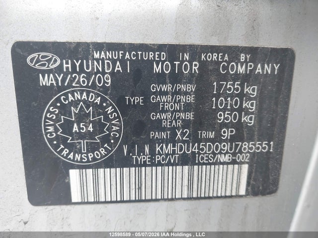 Продажа на аукционе авто 2009 Hyundai Elantra Gl/l, vin: KMHDU45D09U785551, номер лота: 12598589