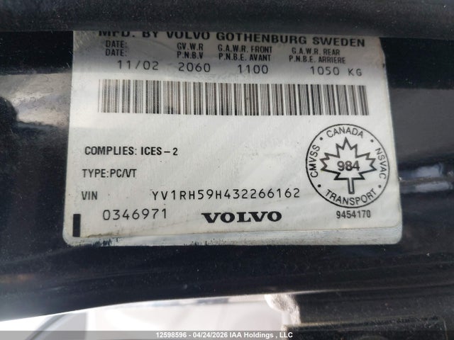 12598596 :رقم المزاد ، YV1RH59H432266162 vin ، 2003 Volvo S60 2.5t مزاد بيع