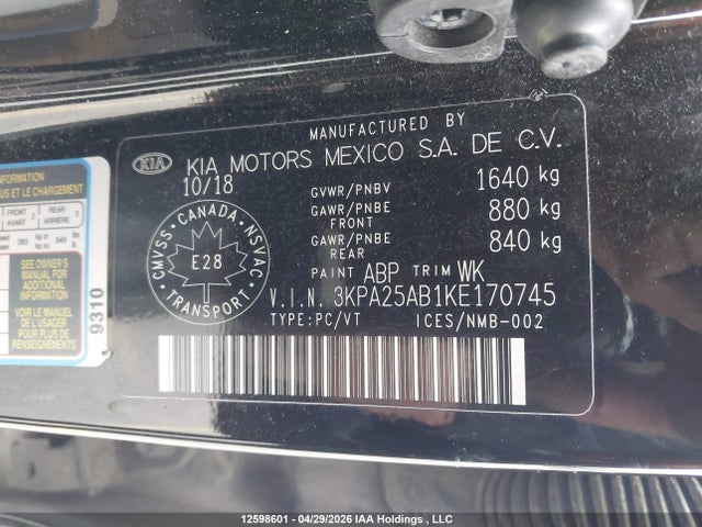 3KPA25AB1KE170745 KIA Rio Lx/lx+