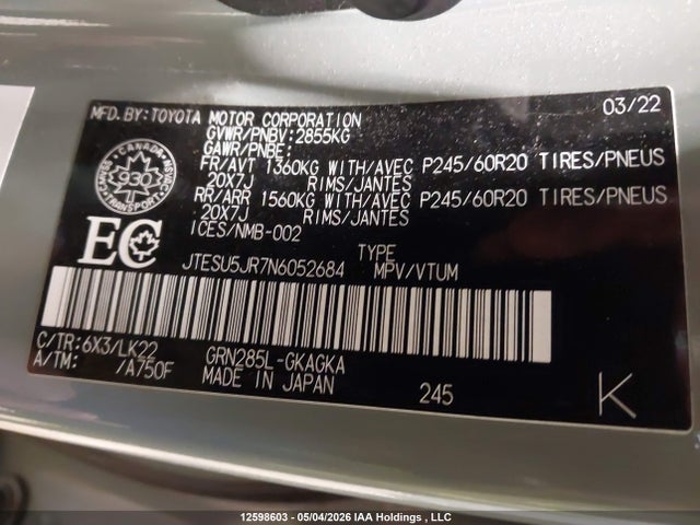 12598603 :رقم المزاد ، JTESU5JR7N6052684 vin ، 2022 Toyota 4runner مزاد بيع