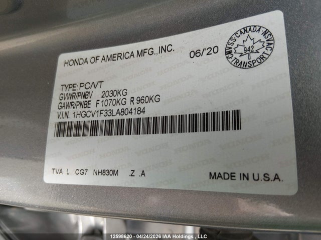 1HGCV1F33LA804184 Honda Accord Sport