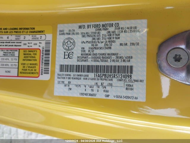 Продажа на аукционе авто 2024 Ford Mustang, vin: 1FAGP8UH5R5124098, номер лота: 12598624