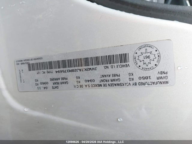 12598626 :رقم المزاد ، 3VW2K7AJ2BM375694 vin ، 2011 Volkswagen Jetta 2.0l Trendline/2.0l Trendline+ مزاد بيع