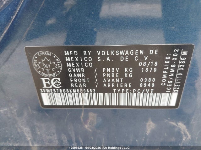 Продажа на аукционе авто 2019 Volkswagen Jetta 1.4 Tsi Highline, vin: 3VWE57BU8KM089653, номер лота: 12598628