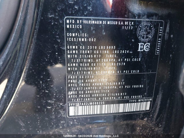 12598629 :رقم المزاد ، 3VV2B7AX2JM086225 vin ، 2018 Volkswagen Tiguan Se/sel مزاد بيع