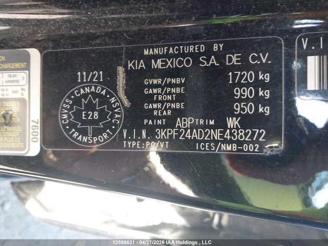 Aukcja sprzedaży 2022 Kia Forte Lx, vin: 3KPF24AD2NE438272, numer aukcji: 12598631