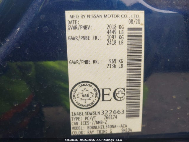 Aukcja sprzedaży 2020 Nissan Altima 2.5 Sv, vin: 1N4BL4DW8LN322663, numer aukcji: 12598655