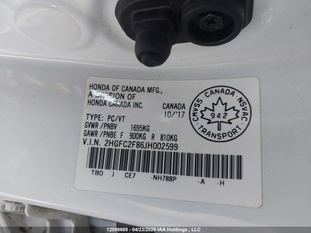 Продажа на аукционе авто 2018 Honda Civic Ex, vin: 2HGFC2F86JH002599, номер лота: 12598668