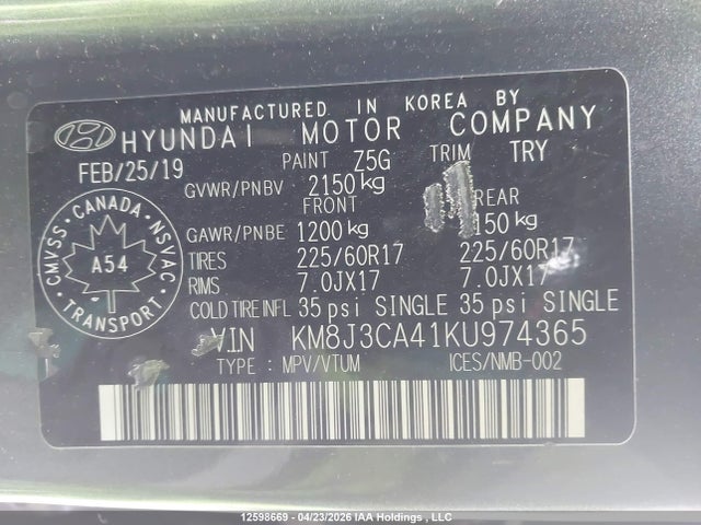 2019 Hyundai Tucson Preferred მანქანა იყიდება აუქციონზე, vin: KM8J3CA41KU974365, აუქციონის ნომერი: 12598669