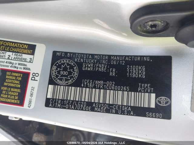 12598670 :رقم المزاد ، 4T1BF1FK1CU600265 vin ، 2012 Toyota Camry مزاد بيع