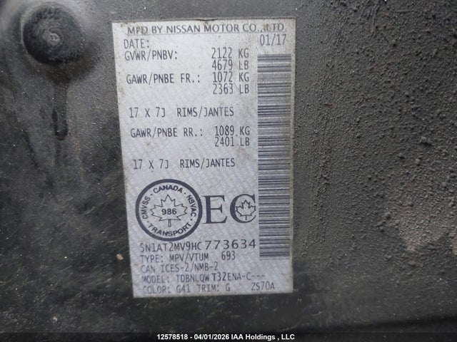 5N1AT2MV9HC773634 Nissan Rogue S/sl Platinum/sv