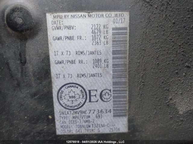 5N1AT2MV9HC773634 Nissan Rogue S/sl Platinum/sv