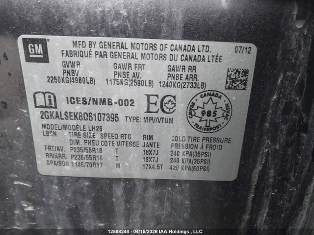 Aukcja sprzedaży 2013 Gmc Terrain Sle-2, vin: 2GKALSEK8D6107395, numer aukcji: 12588248