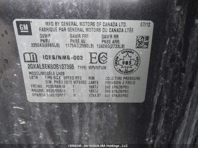 Aukcja sprzedaży 2013 Gmc Terrain Sle-2, vin: 2GKALSEK8D6107395, numer aukcji: 12588248