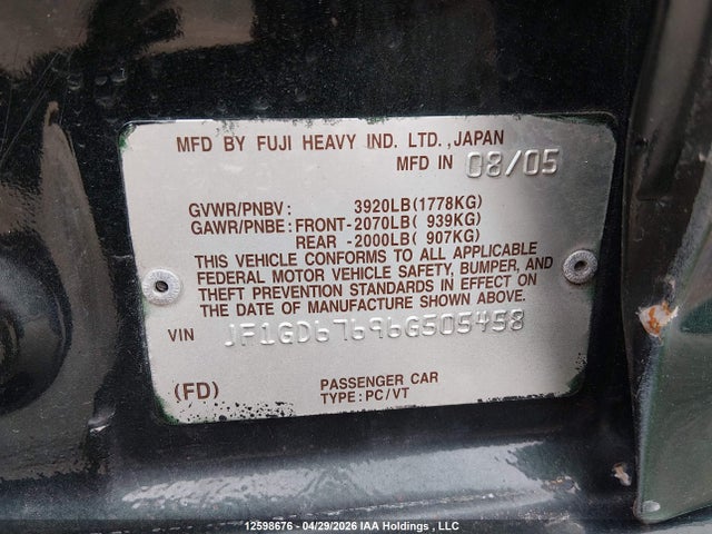 2006 Subaru Impreza 2.5i მანქანა იყიდება აუქციონზე, vin: JF1GD67696G505458, აუქციონის ნომერი: 12598676