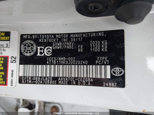 4T1B11HK9JU020240 Toyota Camry L/le/xle/se/xse