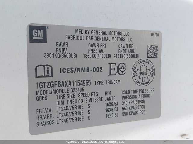 12598679 :رقم المزاد ، 1GTZGFBAXA1154965 vin ، 2010 Gmc Savana G2500 مزاد بيع