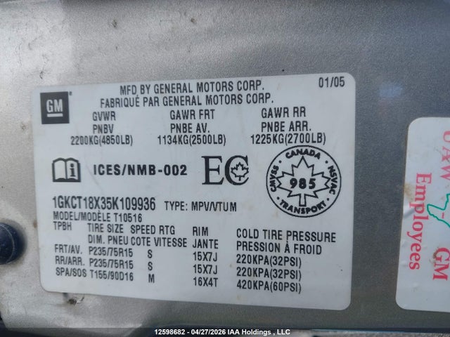 12598682 :رقم المزاد ، 1GKCT18X35K109936 vin ، 2005 Gmc Jimmy Sls مزاد بيع