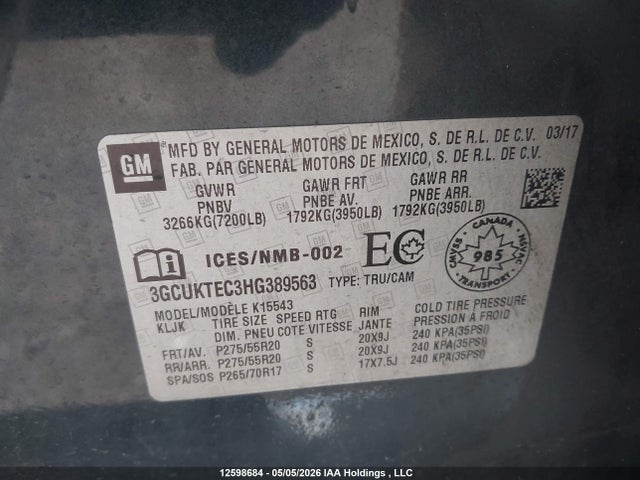 Aukcja sprzedaży 2017 Chevrolet Silverado 1500 High Country, vin: 3GCUKTEC3HG389563, numer aukcji: 12598684