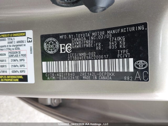 Aukcja sprzedaży 2010 Toyota Corolla Ce, vin: 2T1BU4EE9AC200617, numer aukcji: 12598685