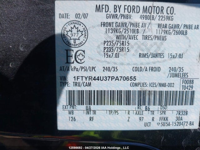 Продажа на аукционе авто 2007 Ford Ranger Super Cab, vin: 1FTYR44U37PA70655, номер лота: 12598692