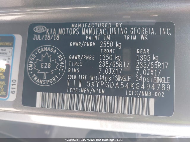 5XYPGDA54KG494789 KIA Sorento 2.4l Lx/3.3l Lx