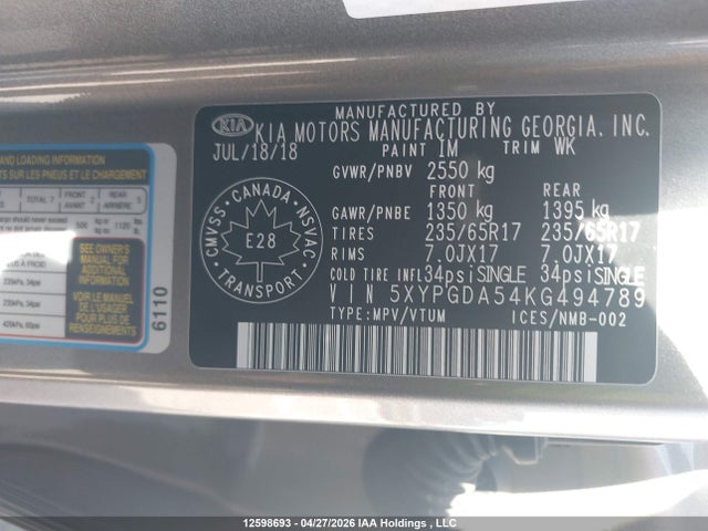 5XYPGDA54KG494789 KIA Sorento 2.4l Lx/3.3l Lx
