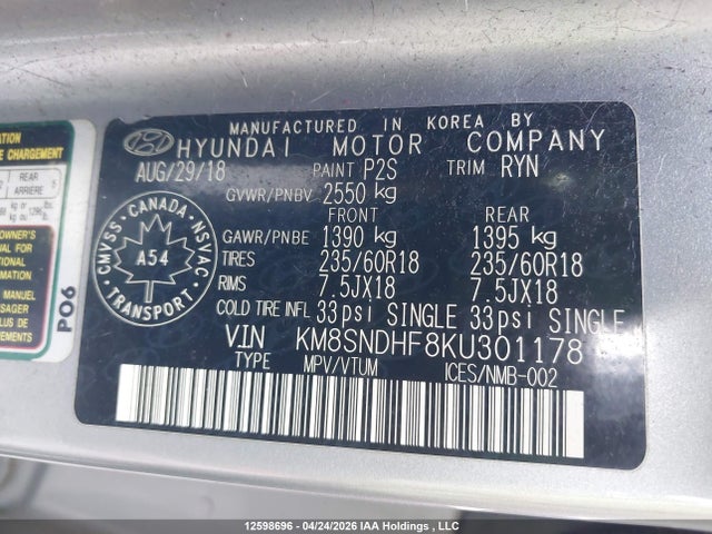 KM8SNDHF8KU301178 Hyundai Santa Fe Xl Se