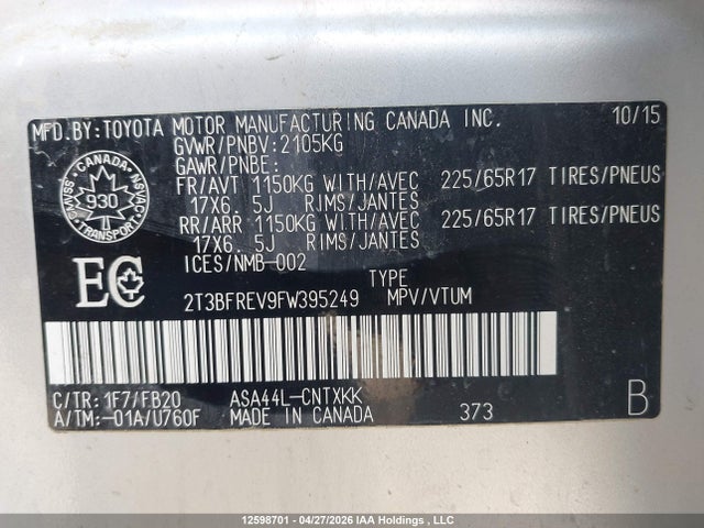 12598701 :رقم المزاد ، 2T3BFREV9FW395249 vin ، 2015 Toyota Rav4 Le مزاد بيع