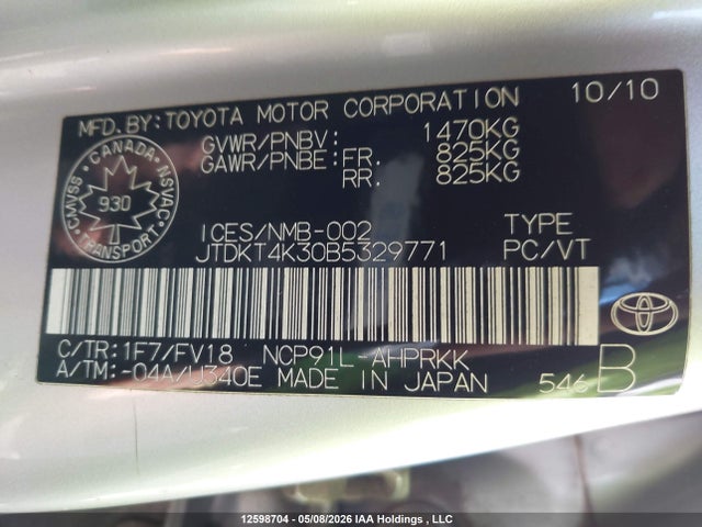 12598704 :رقم المزاد ، JTDKT4K30B5329771 vin ، 2011 Toyota Yaris Le مزاد بيع