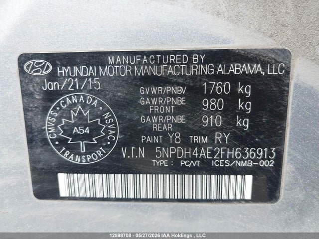 Aukcja sprzedaży 2015 Hyundai Elantra Gl, vin: 5NPDH4AE2FH636913, numer aukcji: 12598708