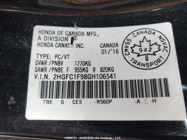 Продажа на аукционе авто 2016 Honda Civic Touring, vin: 2HGFC1F98GH106541, номер лота: 12598721
