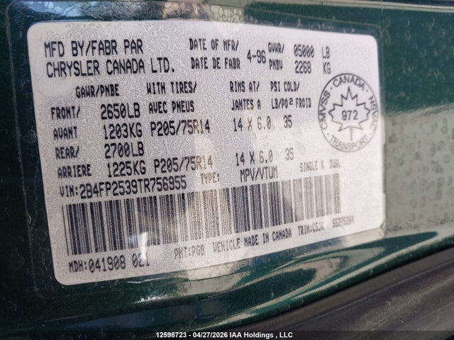 Продаж на аукціоні авто 1996 Dodge Caravan, vin: 2B4FP2539TR756955, номер лоту: 12598723