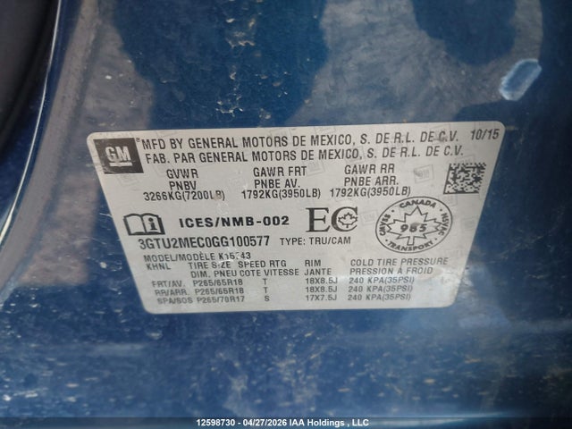 Продажа на аукционе авто 2016 Gmc Sierra 1500 Sle, vin: 3GTU2MEC0GG100577, номер лота: 12598730