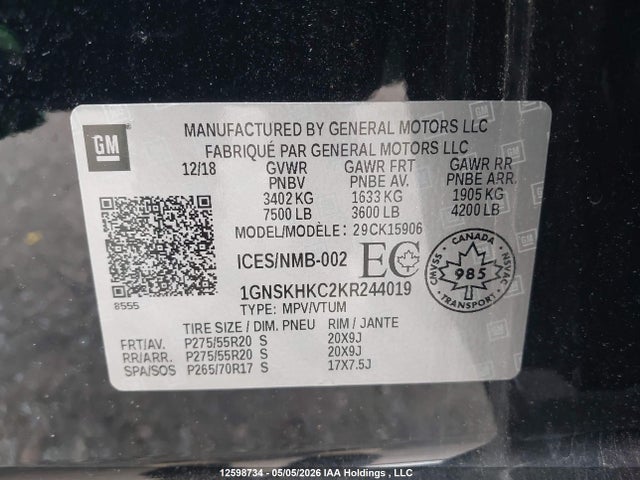 Продажа на аукционе авто 2019 Chevrolet Suburban Lt, vin: 1GNSKHKC2KR244019, номер лота: 12598734