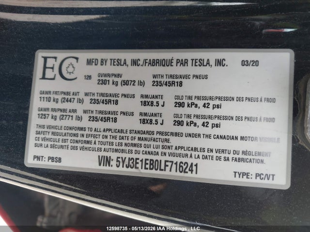 Продажа на аукционе авто 2020 Tesla Model 3 Long Range, vin: 5YJ3E1EB0LF716241, номер лота: 12598735