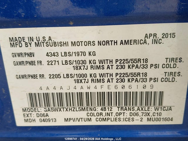 Aukcja sprzedaży 2015 Mitsubishi Rvr Gt, vin: 4A4AJ4AW4FE606109, numer aukcji: 12598741