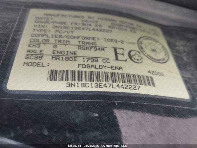 2007 Nissan Versa S/sl მანქანა იყიდება აუქციონზე, vin: 3N1BC13E47L442227, აუქციონის ნომერი: 12598744