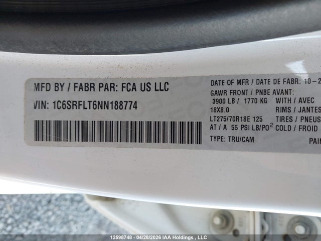 Продаж на аукціоні авто 2022 Ram 1500 Rebel, vin: 1C6SRFLT6NN188774, номер лоту: 12598748