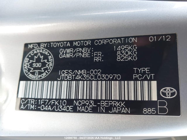 2012 Toyota Yaris მანქანა იყიდება აუქციონზე, vin: JTDBT4K35CL030970, აუქციონის ნომერი: 12598750