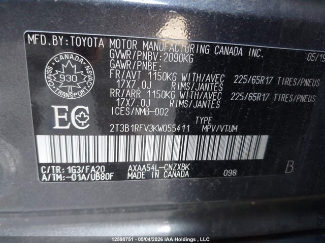 12598751 :رقم المزاد ، 2T3B1RFV3KW055411 vin ، 2019 Toyota Rav4 مزاد بيع