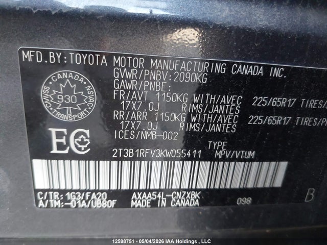 12598751 :رقم المزاد ، 2T3B1RFV3KW055411 vin ، 2019 Toyota Rav4 مزاد بيع